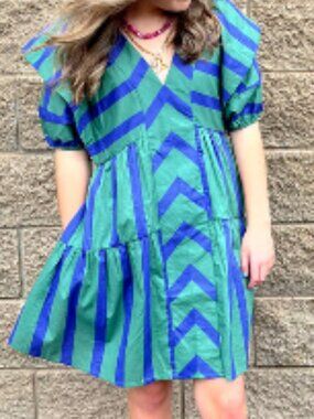 Entro Green Blue Striped Puff Sleeve Dress - M